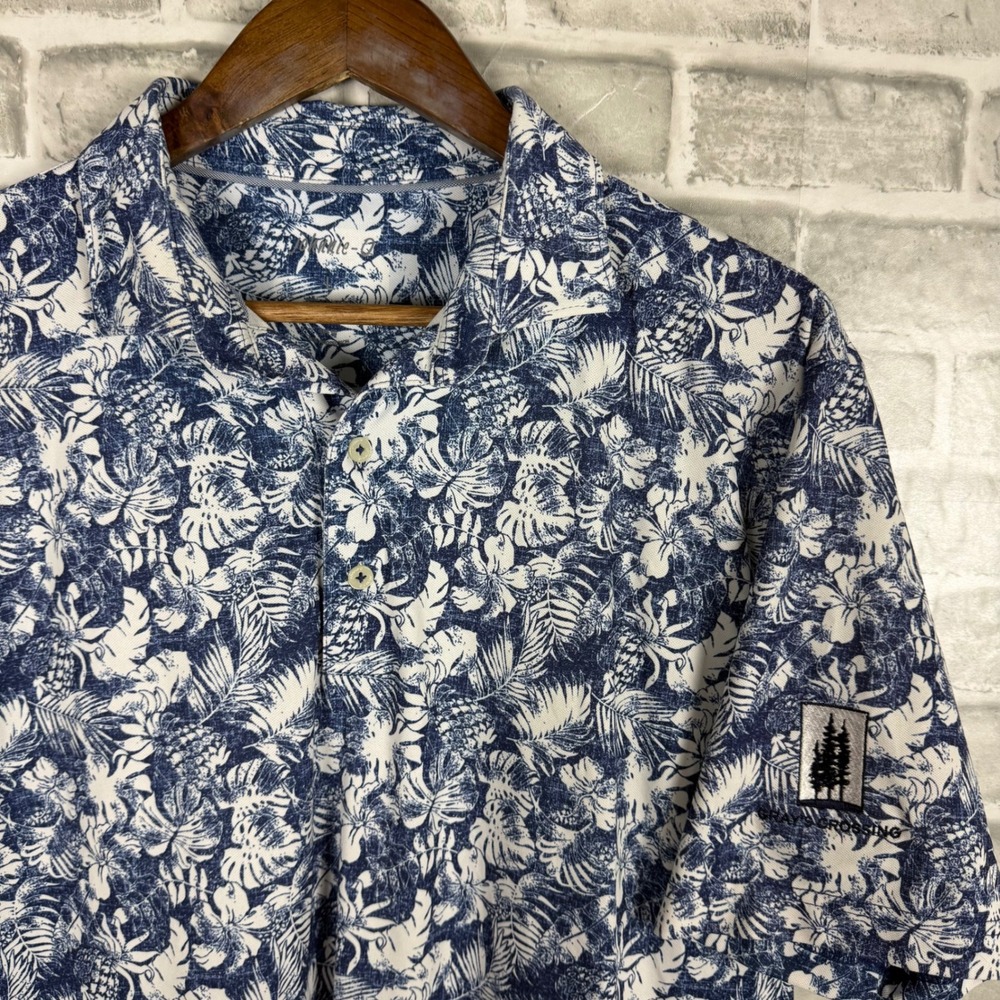 Johnnie-O Mens Large Blue White Tropical Floral Pineapple Polo Grays Crossing GC